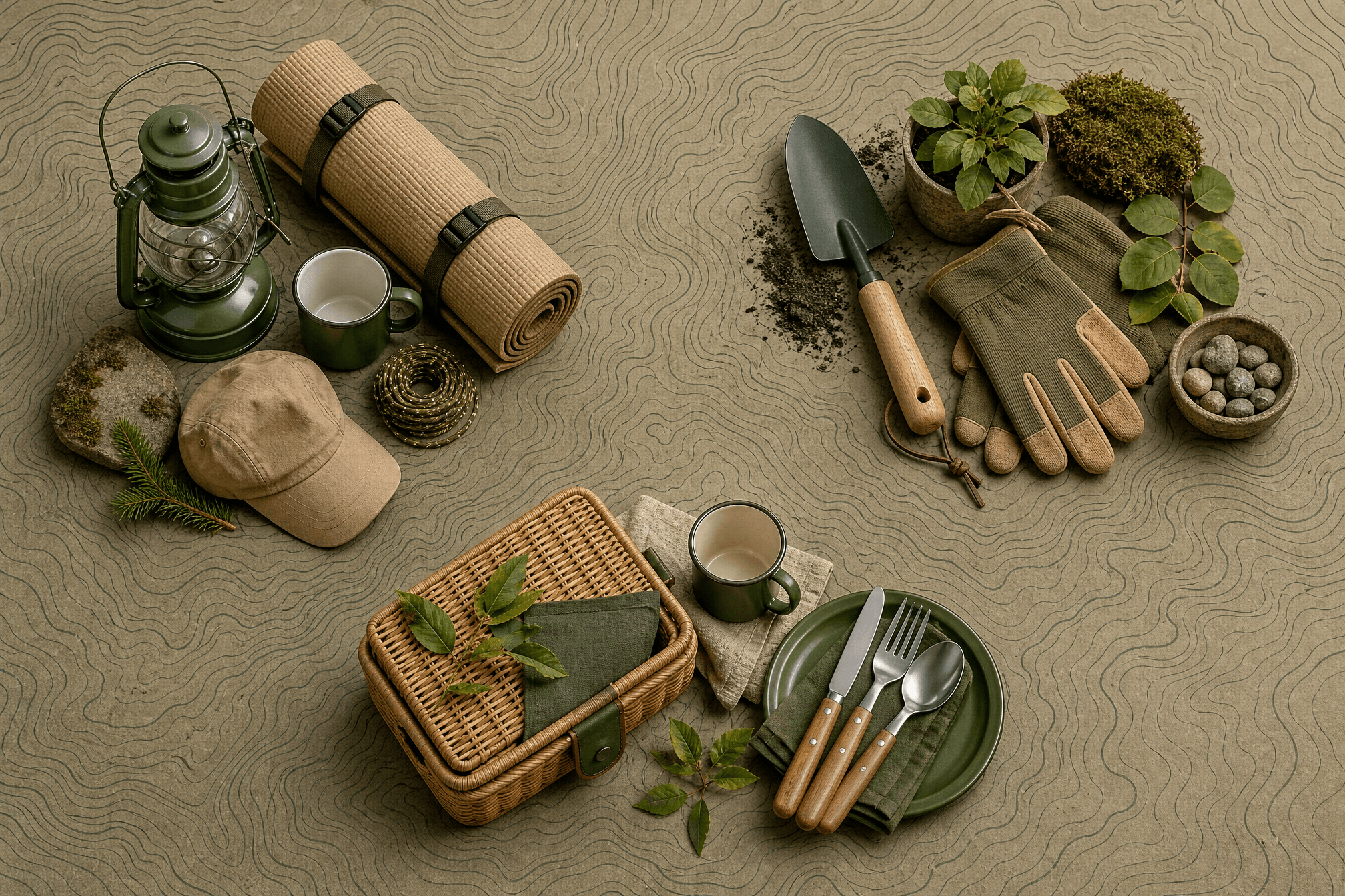 Outdoor and garden gear grouped into camping, garden and picnic clusters on a topographic surface