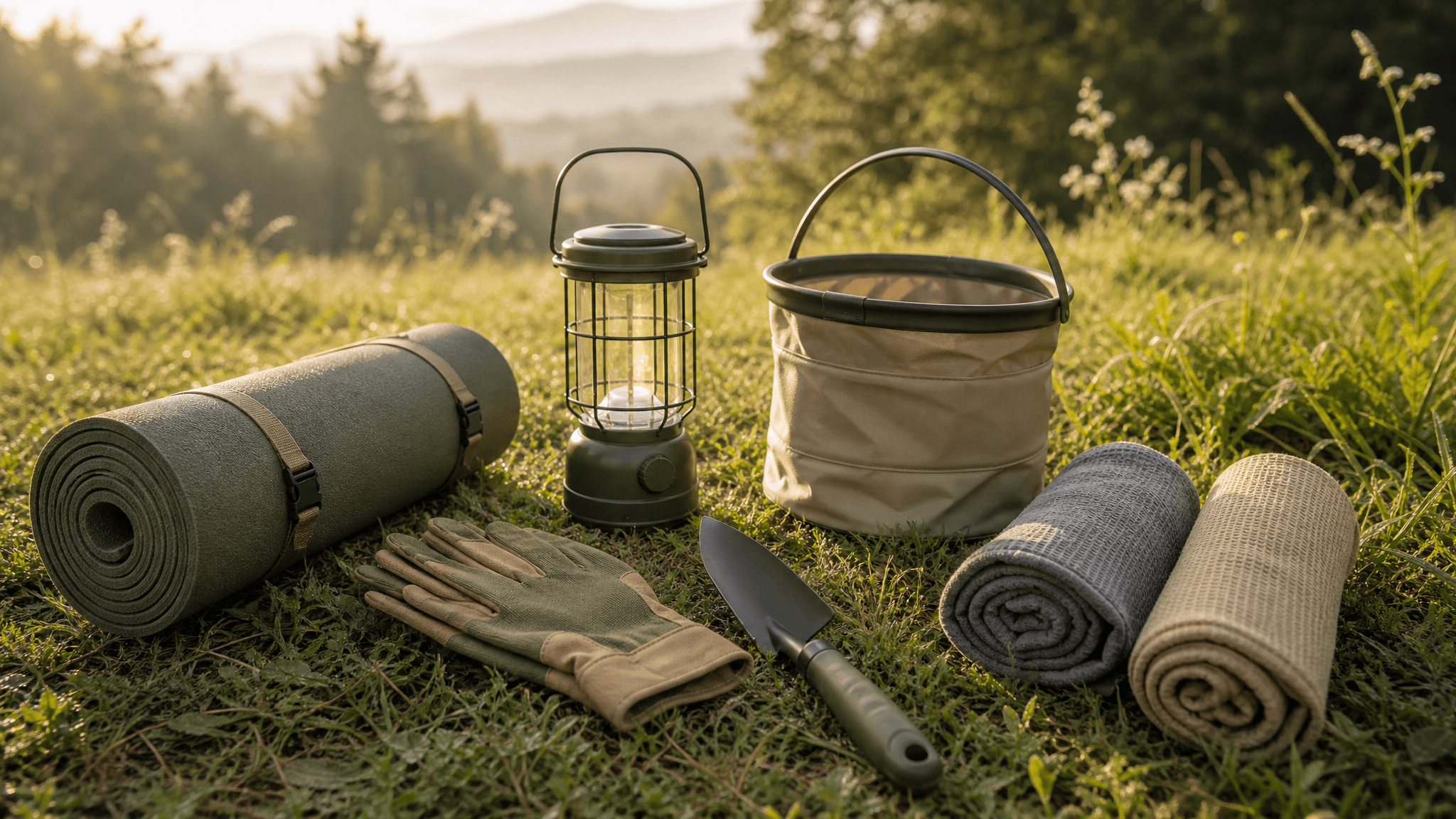 Outdoor and garden kit laid out on a grassy meadow at golden morning light